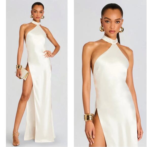 Retrofete Jagger Halterneck High Slit Open Back Satin White Maxi Dress Sz Small - Picture 2 of 9